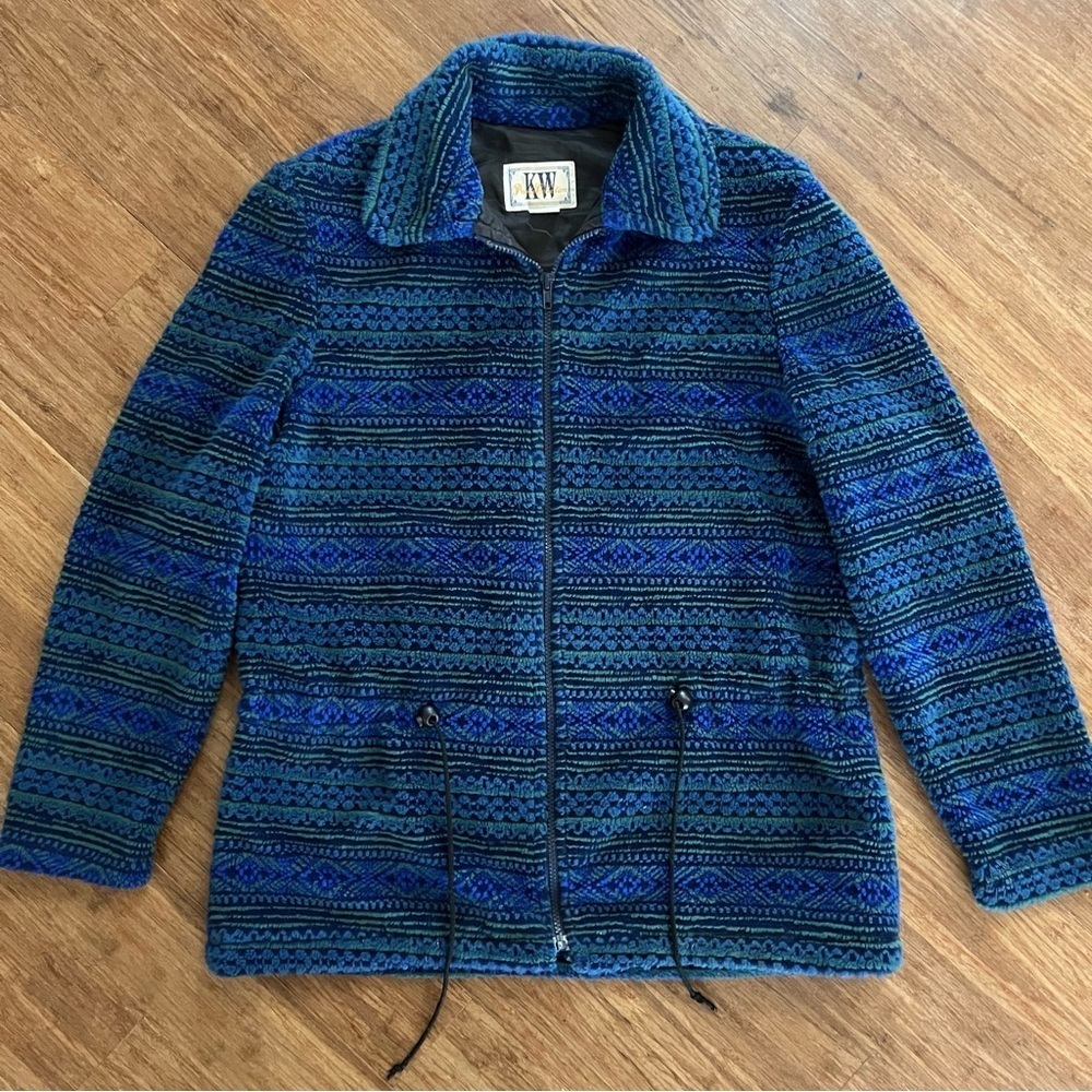 Vintage KW Private Collection Blue and Black Patterned Fleece Jacket, Sz M